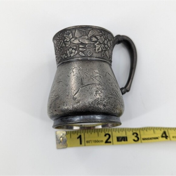 Antique Meriden Brittania Co. Cup Mini Pitcher Birds Etched Floral - Picture 5 of 6